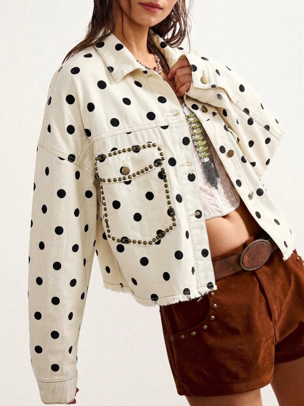 White Casual Women's Woven Polka Dot Patchwork Loose Fit Jacket - Picture 3 of 7